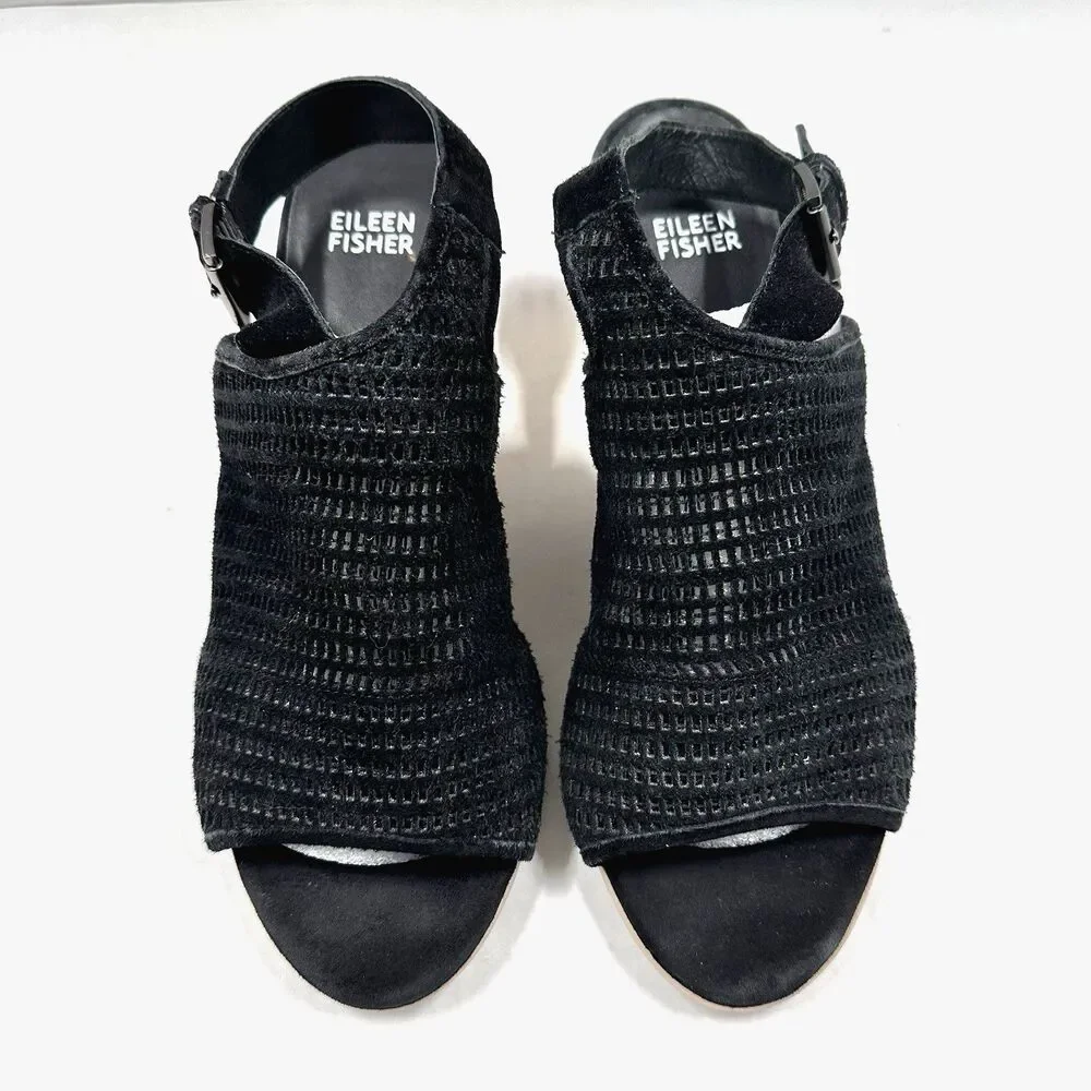 Eileen Fisher Espadrille Sandals 9 Aura Black Suede Mesh Slingback Wedge Shoes